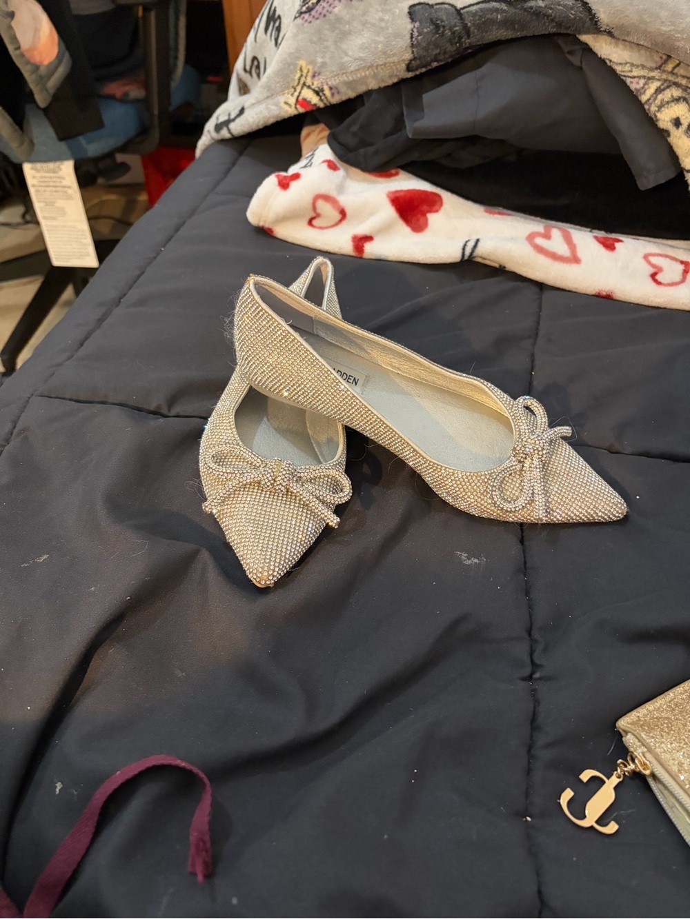 Steve Madden Silver Rhinestone Pointed Toe Flats with Bow